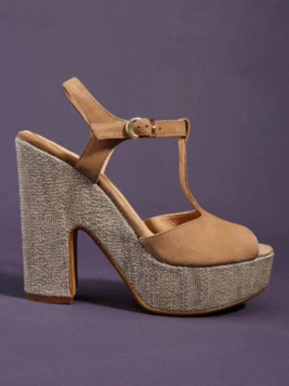 Anthropologie Tan Gold Glitz T-Strap Platform Heels Size 38 US 7.5-8